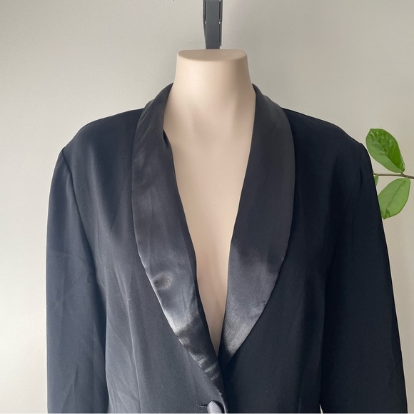 Vintage Longline Satin Mixed Media Blazer Suit Jacket Long Black Corporate Goth - Picture 5 of 8